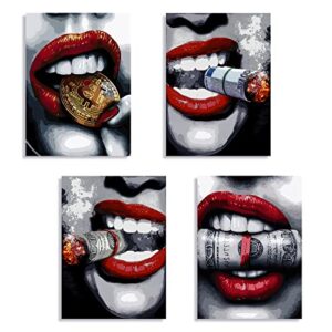 bnhcoe fashion black and red pictures for canvas wall decor, red and black lips room decor, burning dollar money wall art pictures prints posters for womens bedroom decor set of 4