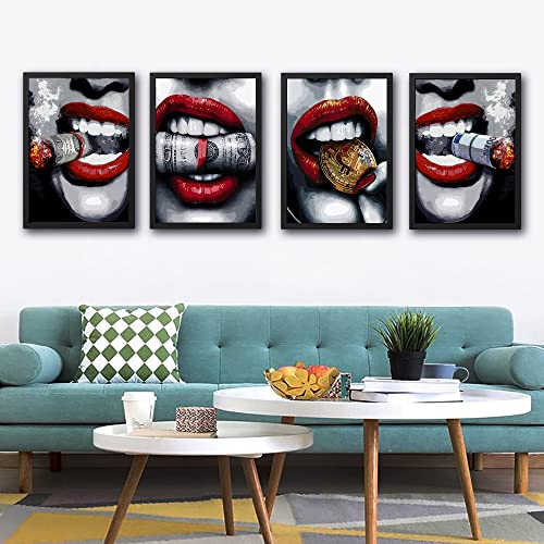 Bnhcoe Fashion Black and Red Pictures for Canvas Wall Decor, Red and Black Lips Room Decor, Burning Dollar Money Wall Art Pictures Prints Posters for Womens Bedroom Decor Set of 4