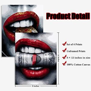 Bnhcoe Fashion Black and Red Pictures for Canvas Wall Decor, Red and Black Lips Room Decor, Burning Dollar Money Wall Art Pictures Prints Posters for Womens Bedroom Decor Set of 4