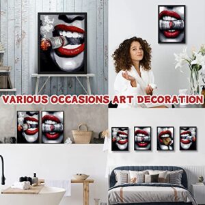 Bnhcoe Fashion Black and Red Pictures for Canvas Wall Decor, Red and Black Lips Room Decor, Burning Dollar Money Wall Art Pictures Prints Posters for Womens Bedroom Decor Set of 4