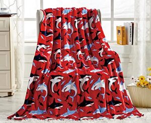 elegant comfort lightweight printed throw blanket- all season, ultra soft, cozy and plush- decorative throw blankets, perfect for lounging, 50 x 60 inches, red shark, throw blanket