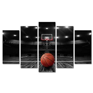 Derkymo 5 Pieces Basketball Court Pictures for Bedroom Black and White Canvas Wall Art Sports Painting Prints Artwork for Living Room Boys Room Stretched and Framed Ready to Hang 24"x40"(5 Pieces)