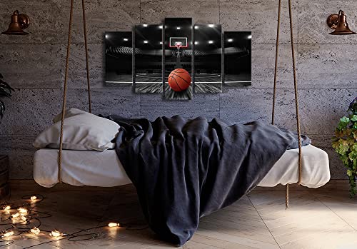 Derkymo 5 Pieces Basketball Court Pictures for Bedroom Black and White Canvas Wall Art Sports Painting Prints Artwork for Living Room Boys Room Stretched and Framed Ready to Hang 24"x40"(5 Pieces)