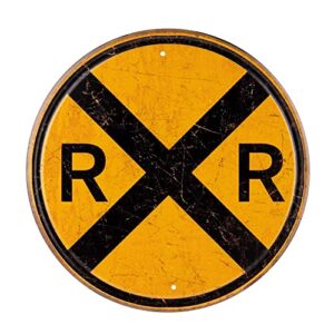 framendino, railroad crossing tin sign metal tin traffic sign wall decor rail road round symbol sign 12 inch