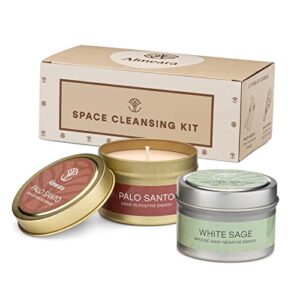 almeara space cleansing kit sage candle and palo santo candle set 3.7oz each – 100% soy wax candles with concentrated essential oil – cleanse negative energy – restore positive vibrations