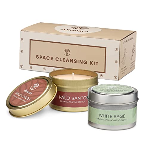 Almeara Space Cleansing Kit Sage Candle and Palo Santo Candle Set 3.7oz Each - 100% Soy Wax Candles with Concentrated Essential Oil - Cleanse Negative Energy - Restore Positive Vibrations