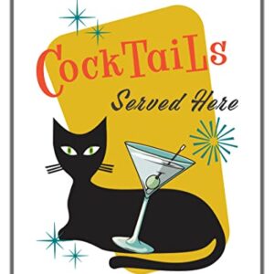 Mid Century Modern No.21 Wall Art Print - 11x14 UNFRAMED Retro Boho Aesthetic Kitchen, Bar Decor. Atomic Cat with Martini “Cocktails Served Here”