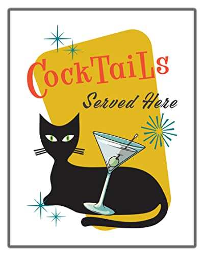 Mid Century Modern No.21 Wall Art Print - 11x14 UNFRAMED Retro Boho Aesthetic Kitchen, Bar Decor. Atomic Cat with Martini “Cocktails Served Here”