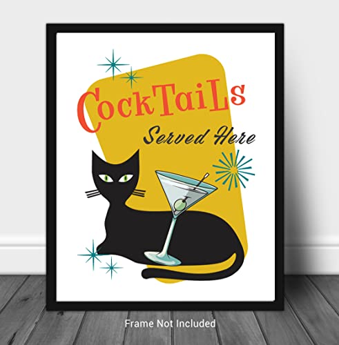 Mid Century Modern No.21 Wall Art Print - 11x14 UNFRAMED Retro Boho Aesthetic Kitchen, Bar Decor. Atomic Cat with Martini “Cocktails Served Here”