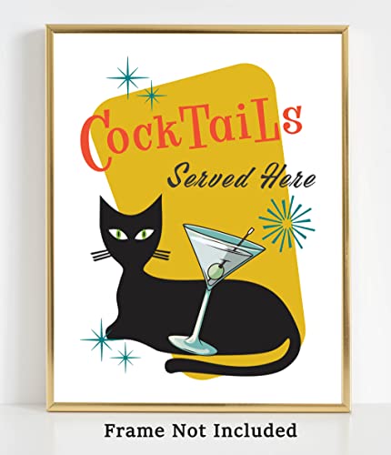 Mid Century Modern No.21 Wall Art Print - 11x14 UNFRAMED Retro Boho Aesthetic Kitchen, Bar Decor. Atomic Cat with Martini “Cocktails Served Here”