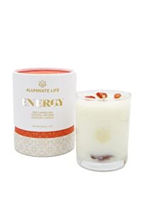 aluminate life luxury glass jar candle, energy – red carnelian crystal infused – scents of lemon, grapefruit, & bergamot – passion, confidence, & vitality – coconut wax, essential oils, dr. developed