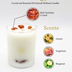 Aluminate Life Luxury Glass Jar Candle, Energy - Red Carnelian Crystal Infused - Scents of Lemon, Grapefruit, & Bergamot - Passion, Confidence, & Vitality - Coconut Wax, Essential Oils, Dr. Developed