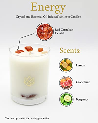 Aluminate Life Luxury Glass Jar Candle, Energy - Red Carnelian Crystal Infused - Scents of Lemon, Grapefruit, & Bergamot - Passion, Confidence, & Vitality - Coconut Wax, Essential Oils, Dr. Developed