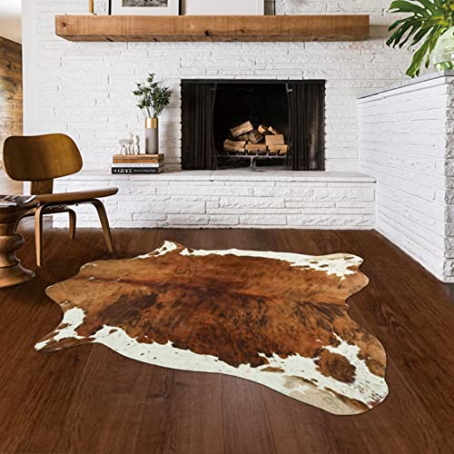 DweIke Faux Cowhide Rug 5.2ft x 6.2ft/158x190cm, Large Size Faux Fur Animal Cow Print Carpet for Bedroom, Living Room, Office, Home Decor Mat, Cowhide Rug, Brown