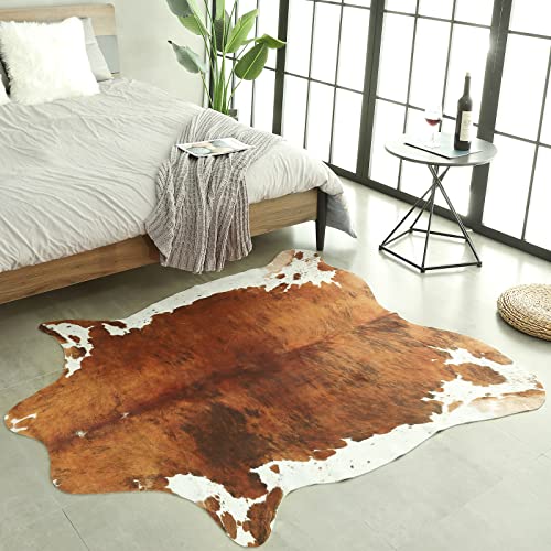 DweIke Faux Cowhide Rug 5.2ft x 6.2ft/158x190cm, Large Size Faux Fur Animal Cow Print Carpet for Bedroom, Living Room, Office, Home Decor Mat, Cowhide Rug, Brown