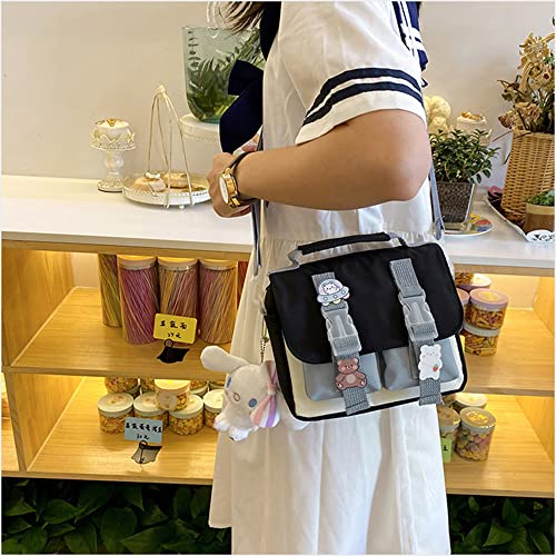 JELLYEA Kawaii Shoulder Bag with Cute Accessories Pins Kawaii Tote Bag School Crossbody Backpack Casual Fashion (Black)