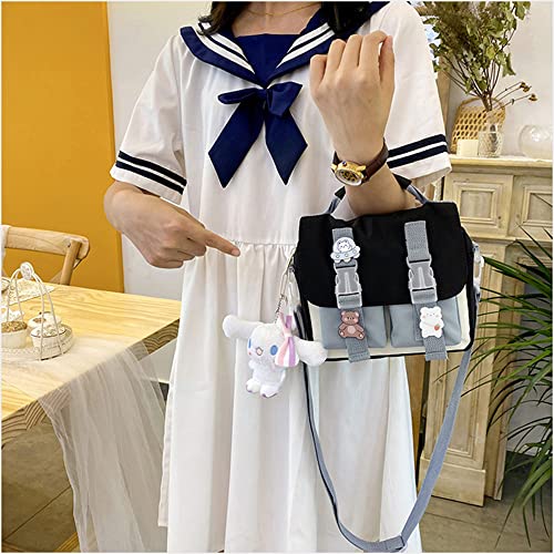 JELLYEA Kawaii Shoulder Bag with Cute Accessories Pins Kawaii Tote Bag School Crossbody Backpack Casual Fashion (Black)