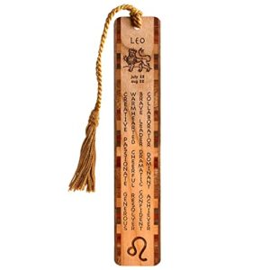 leo zodiac sign artwork and positive personality traits engraved wooden bookmark with tassel – made in usa – also available personalized
