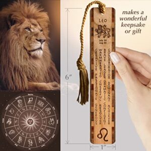 Leo Zodiac Sign Artwork and Positive Personality Traits Engraved Wooden Bookmark with Tassel - Made in USA - Also Available Personalized