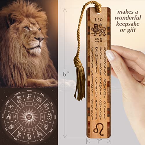 Leo Zodiac Sign Artwork and Positive Personality Traits Engraved Wooden Bookmark with Tassel - Made in USA - Also Available Personalized