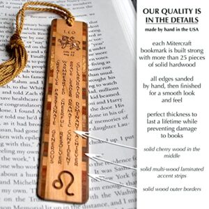 Leo Zodiac Sign Artwork and Positive Personality Traits Engraved Wooden Bookmark with Tassel - Made in USA - Also Available Personalized