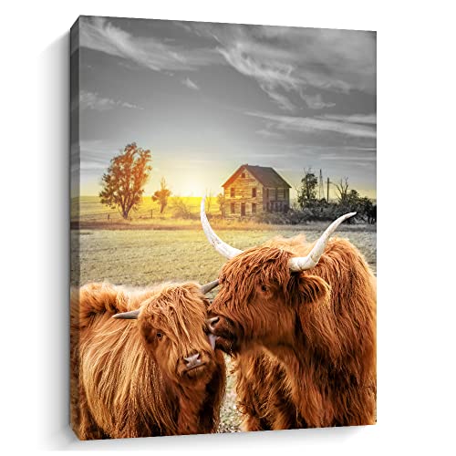 Creoate Highland Cow Wall Art, Farmhouse Cow Picture Canvas Print Artwork for Home Wall Decor, Highland Cattle with Long Horns Picture Gift