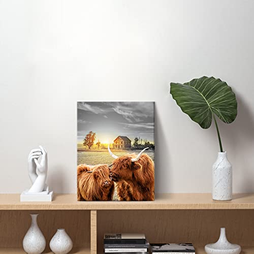 Creoate Highland Cow Wall Art, Farmhouse Cow Picture Canvas Print Artwork for Home Wall Decor, Highland Cattle with Long Horns Picture Gift