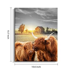 Creoate Highland Cow Wall Art, Farmhouse Cow Picture Canvas Print Artwork for Home Wall Decor, Highland Cattle with Long Horns Picture Gift