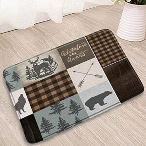 cabin bathroom mat retro rustic lodge bear moose deer elk wolf forest adventure awaits buffalo plaid country hunting style home kitchen flannel non-slip rug doorway welcome carpet 29.5×17.7inch