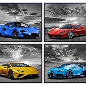 Lamborghini McLaren Ferrari Bugatti Wall Art - Boys Room Decor - Race Car Decor - Sports Car Posters Set - Man Cave Decor - Garage Wall Decor - Bar Wall Decor - Coastal Ocean Beach Theme