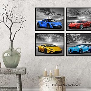 Lamborghini McLaren Ferrari Bugatti Wall Art - Boys Room Decor - Race Car Decor - Sports Car Posters Set - Man Cave Decor - Garage Wall Decor - Bar Wall Decor - Coastal Ocean Beach Theme