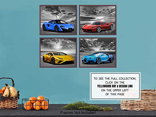 Lamborghini McLaren Ferrari Bugatti Wall Art - Boys Room Decor - Race Car Decor - Sports Car Posters Set - Man Cave Decor - Garage Wall Decor - Bar Wall Decor - Coastal Ocean Beach Theme