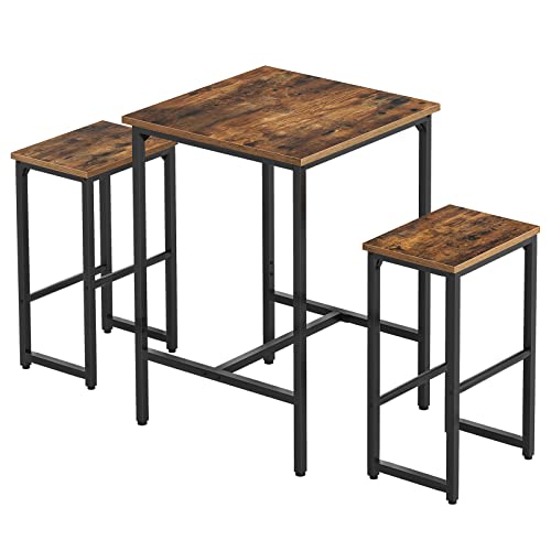 HOOBRO Bar Table Set, 3-Piece Dining Table and Bar Stools Set, Pub Table with Adjustable Feet and Bar Chairs with Different Heights, Rustic Brown, for Living Room, Dining Room, Kitchen BF34BT01