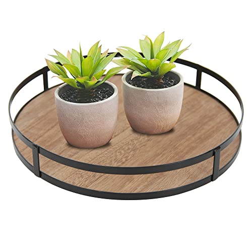 Defined Deco Decorative Tray Wood Tray Decor Round Tray with Metal Handle Decorative Trays for Home Decor Farmhouse Serving Tray, Brown