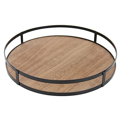 Defined Deco Decorative Tray Wood Tray Decor Round Tray with Metal Handle Decorative Trays for Home Decor Farmhouse Serving Tray, Brown