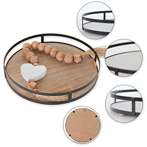 Defined Deco Decorative Tray Wood Tray Decor Round Tray with Metal Handle Decorative Trays for Home Decor Farmhouse Serving Tray, Brown