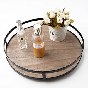 Defined Deco Decorative Tray Wood Tray Decor Round Tray with Metal Handle Decorative Trays for Home Decor Farmhouse Serving Tray, Brown