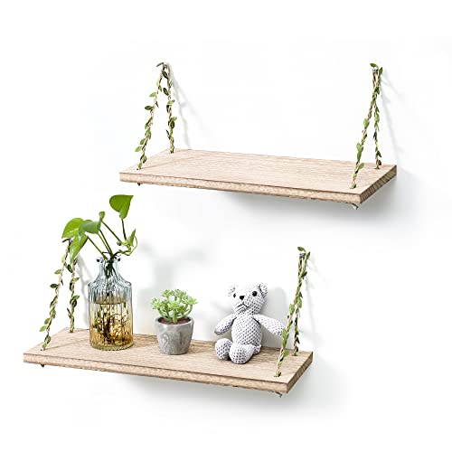 MITIME Leaf Rope Hanging Floating Shelves, Wall Swing Storage Shelf for Home Decor.17, 2-Pack (Light Color)