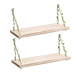 MITIME Leaf Rope Hanging Floating Shelves, Wall Swing Storage Shelf for Home Decor.17, 2-Pack (Light Color)