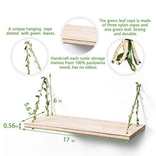 MITIME Leaf Rope Hanging Floating Shelves, Wall Swing Storage Shelf for Home Decor.17, 2-Pack (Light Color)