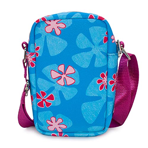 Buckle Down Disney Bag, Cross Body, Lilo, Stitch Smiling Closeup with Flowers, Blues, Vegan Leather, Lilo & Stitch