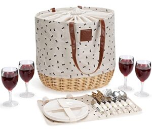 willow weave willow picnic baskets set for 4, sturdy woven base & linen picnic beach tote bag with drawstring closure, insulated lining & durable straps, for outdoor events, shopping – cherry