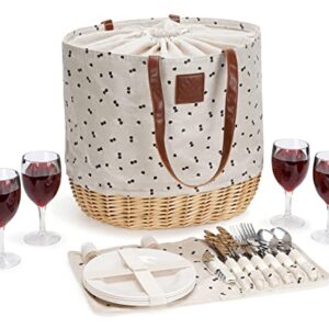 WILLOW WEAVE Willow Picnic Baskets Set for 4, Sturdy Woven Base & Linen Picnic Beach Tote Bag with Drawstring Closure, Insulated Lining & Durable Straps, for Outdoor Events, Shopping - Cherry