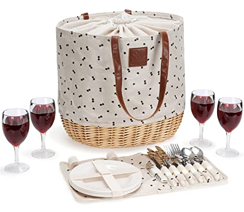 WILLOW WEAVE Willow Picnic Baskets Set for 4, Sturdy Woven Base & Linen Picnic Beach Tote Bag with Drawstring Closure, Insulated Lining & Durable Straps, for Outdoor Events, Shopping - Cherry