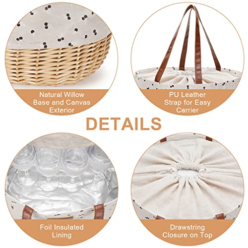 WILLOW WEAVE Willow Picnic Baskets Set for 4, Sturdy Woven Base & Linen Picnic Beach Tote Bag with Drawstring Closure, Insulated Lining & Durable Straps, for Outdoor Events, Shopping - Cherry