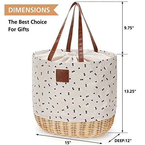 WILLOW WEAVE Willow Picnic Baskets Set for 4, Sturdy Woven Base & Linen Picnic Beach Tote Bag with Drawstring Closure, Insulated Lining & Durable Straps, for Outdoor Events, Shopping - Cherry