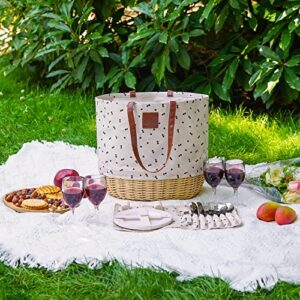 WILLOW WEAVE Willow Picnic Baskets Set for 4, Sturdy Woven Base & Linen Picnic Beach Tote Bag with Drawstring Closure, Insulated Lining & Durable Straps, for Outdoor Events, Shopping - Cherry