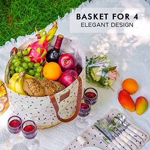 WILLOW WEAVE Willow Picnic Baskets Set for 4, Sturdy Woven Base & Linen Picnic Beach Tote Bag with Drawstring Closure, Insulated Lining & Durable Straps, for Outdoor Events, Shopping - Cherry