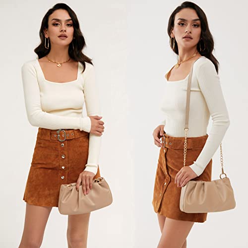 Cloud Pouch Bag Women Shoulder Handbag Soft Vegan Leather Vintage Hobo Chain Cross body Bag (Nude)