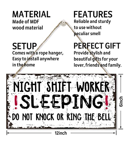 Night Shift Worker Sleeping Do Not Knock Or Ring The Bell Wall Decor Sign, Printed Wood Plaque Sign Wall Hanging, Funny Day Sleeper Sign, Decor Wall Art Sign 12" x 6"